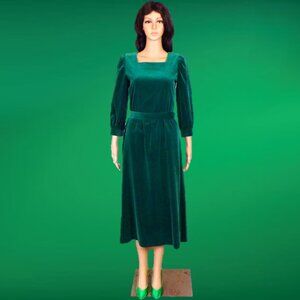 TRIFLES size 6 emerald-green velvet 3/4-sleeve midi dress 100% cotton dry clean